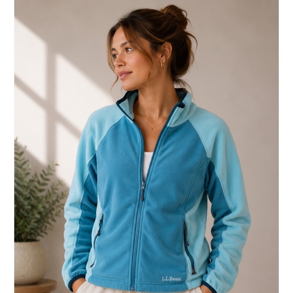 LLBean Fleece Jacket Blue Teal Colorblock Zip Up Jacket Women's Size M |E1